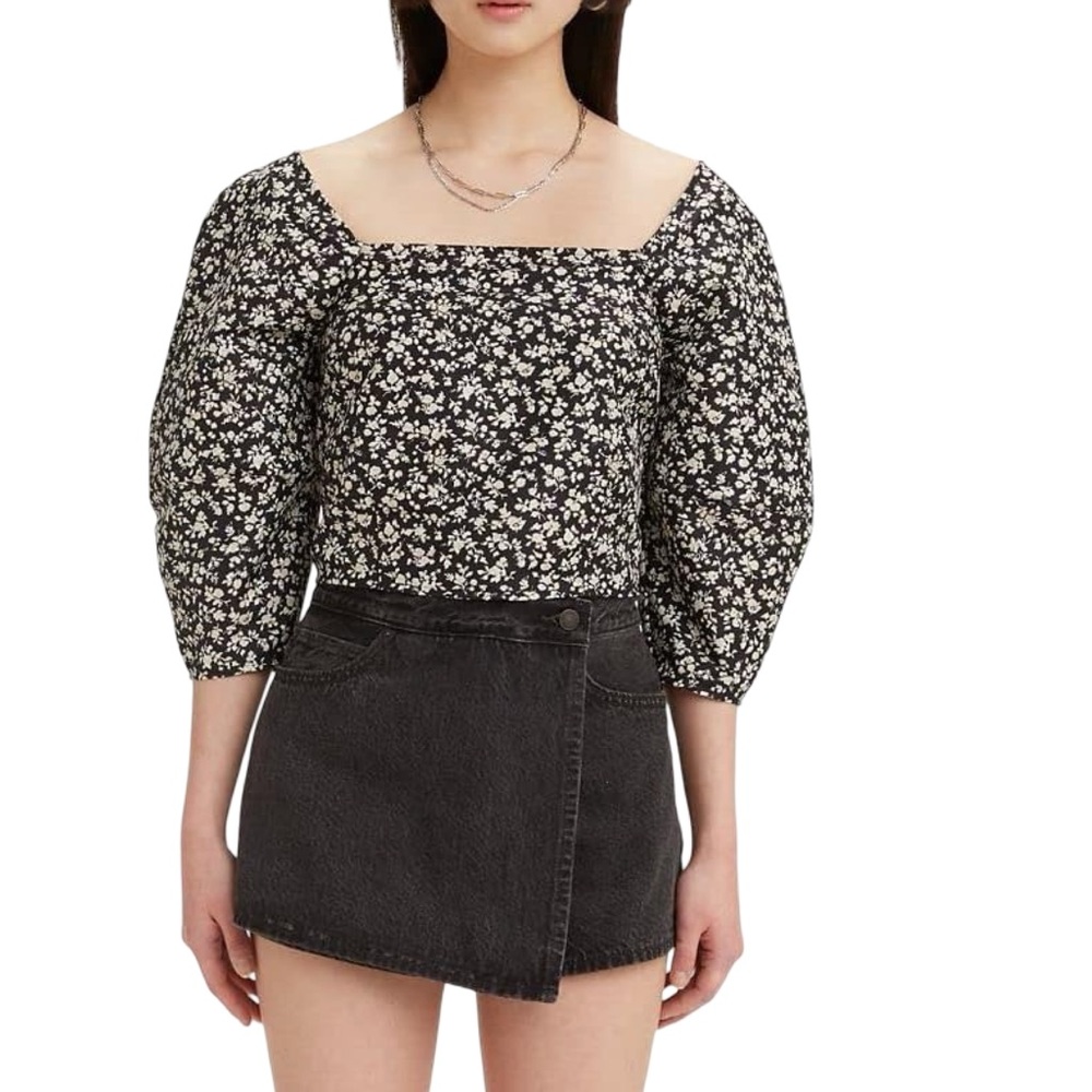 Levi’s Black Floral Puff Sleeve Square Neck Crop Top | Cottagecore | NWT XL - Picture 3 of 12